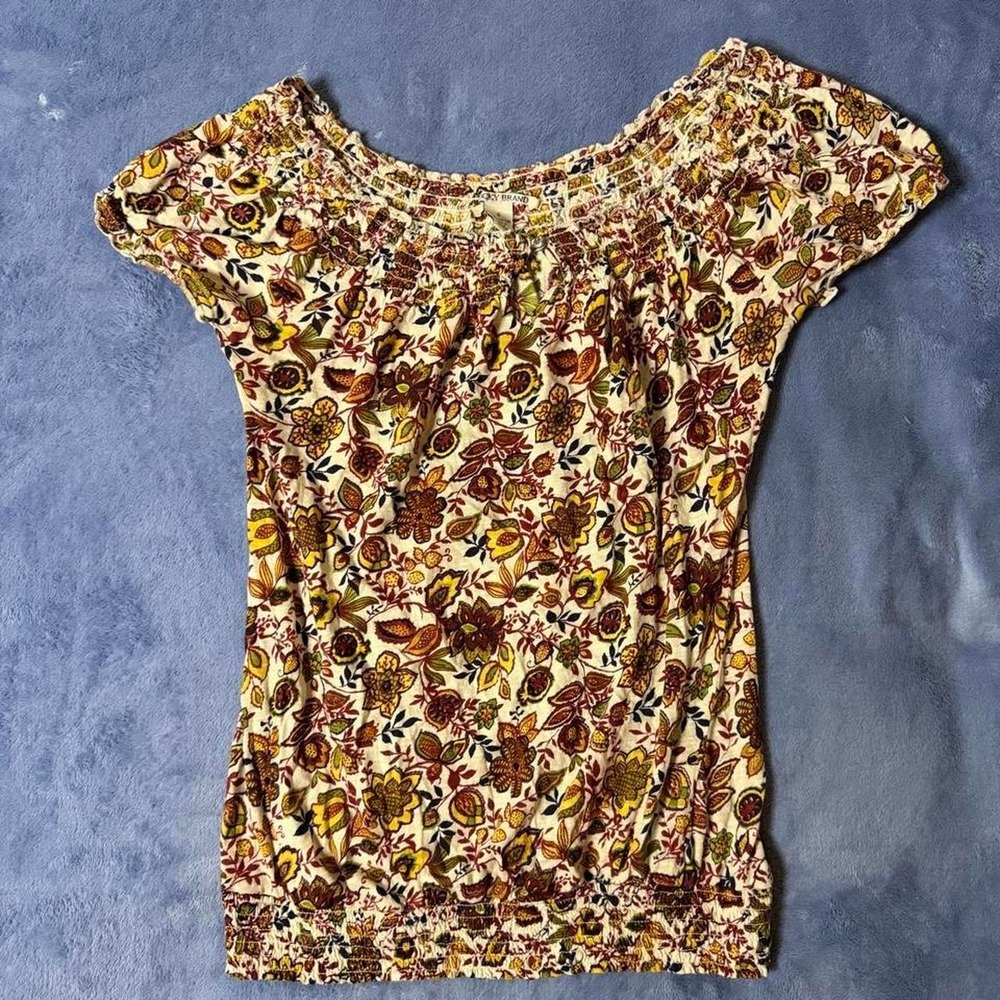 Lucky brand Yellow + brown floral print top with a boho vibe women size s